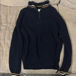 J. Crew Men's Dark Blue Zip-Up Sweater with Striped Collar